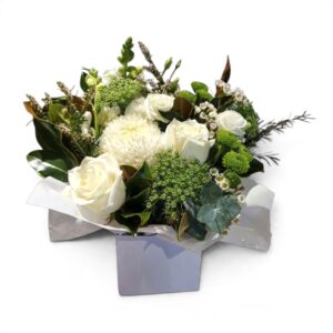 Little Thank You posy box of white roses, chrysanthemum and greenery in a white gift box