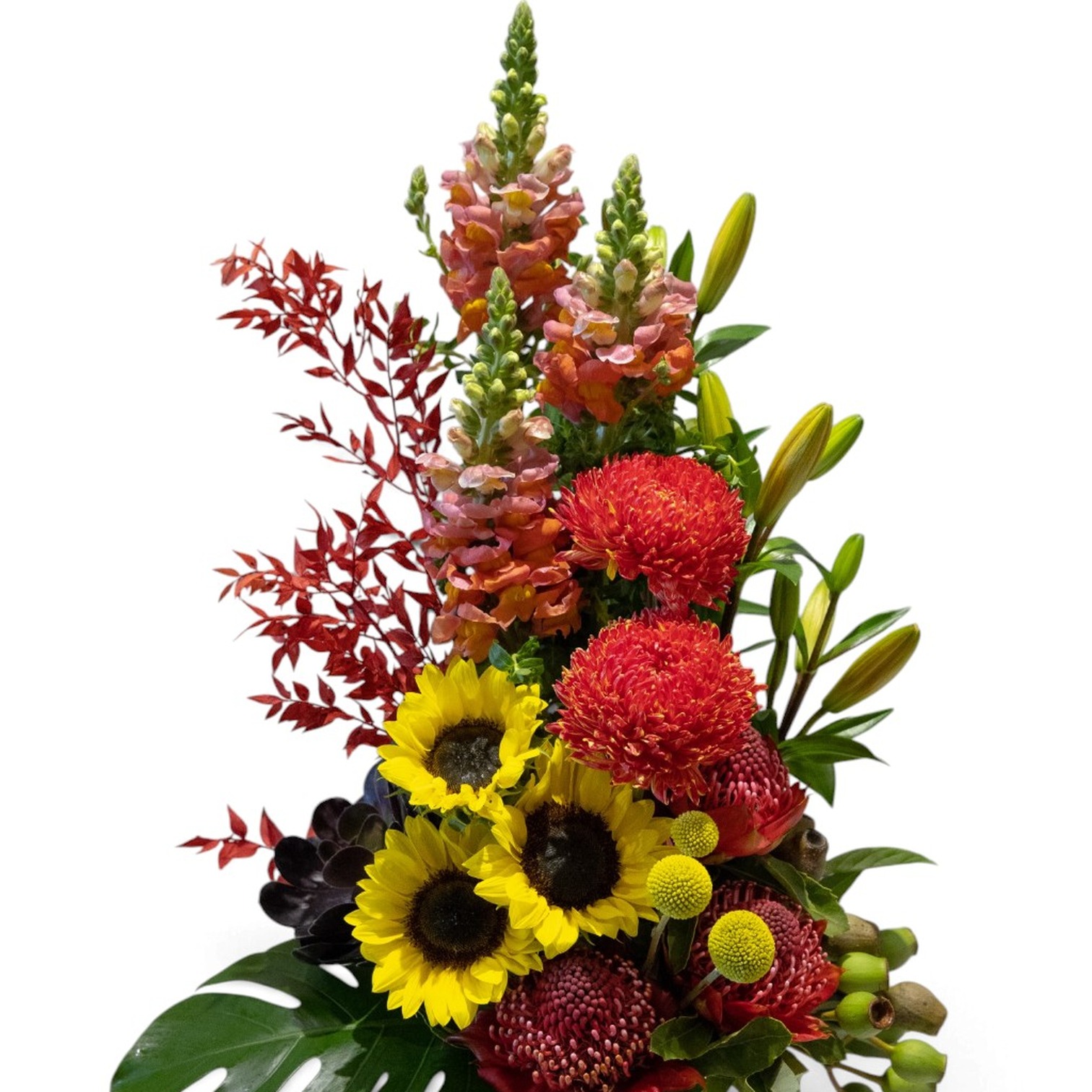 Bright red and sunflower arrangement by Flower Daise