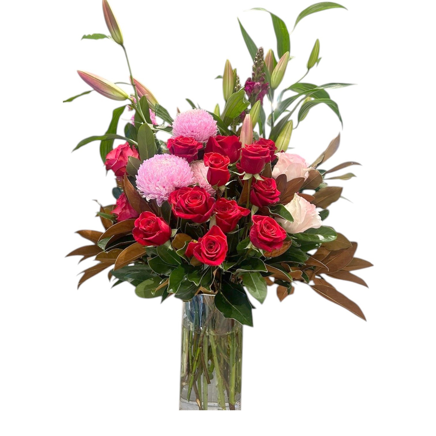 Forever Yours roses & lilies in a vase by Flower Daise, Ferntree Gully florist